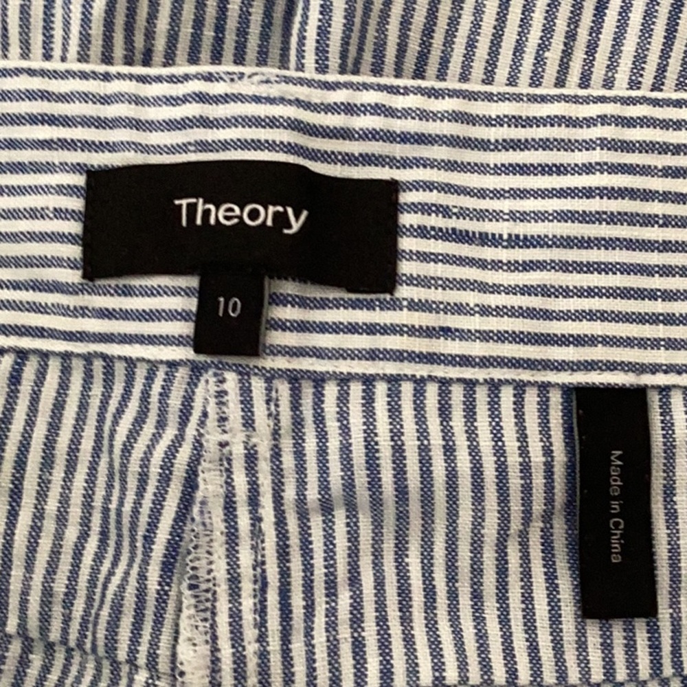 THEORY Carpenter Pants Linen Stripe Blue and White Wide Leg - Picture 9 of 10